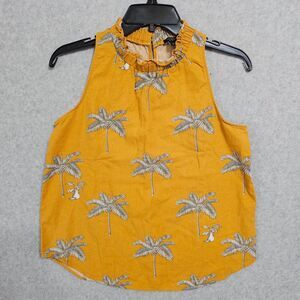 Ann Taylor Top Gold Palm Tree Sleeveless Ruffle Collar Womens Petite Size SP
